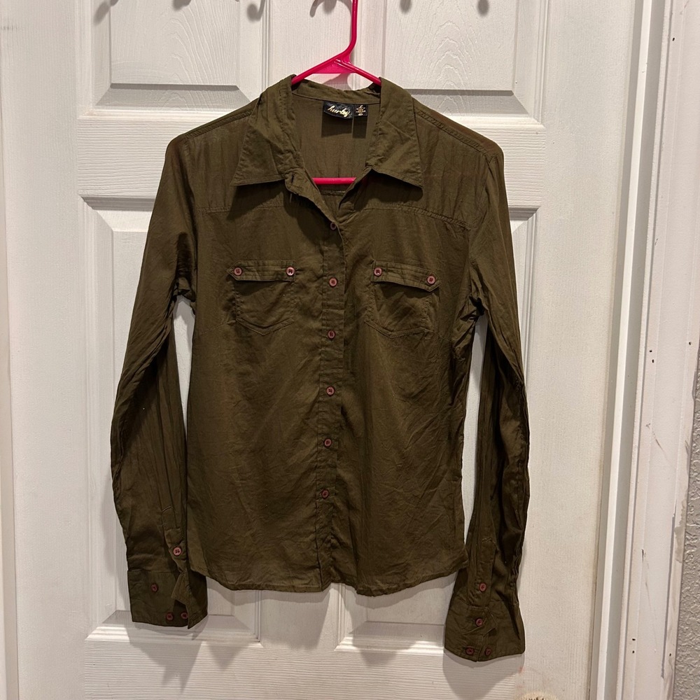 Hurley Women's Sheer Olive Green Long Sleeve Button‎ Up Shirt L Casual Festival